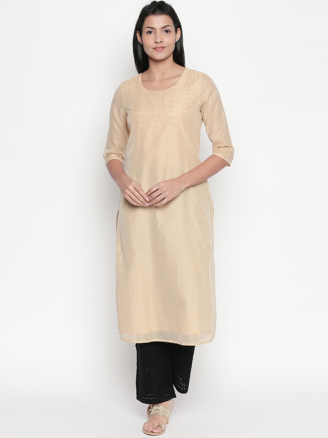 

RANGMANCH BY PANTALOONS Women Golden Embellished Straight Kurta, Gold