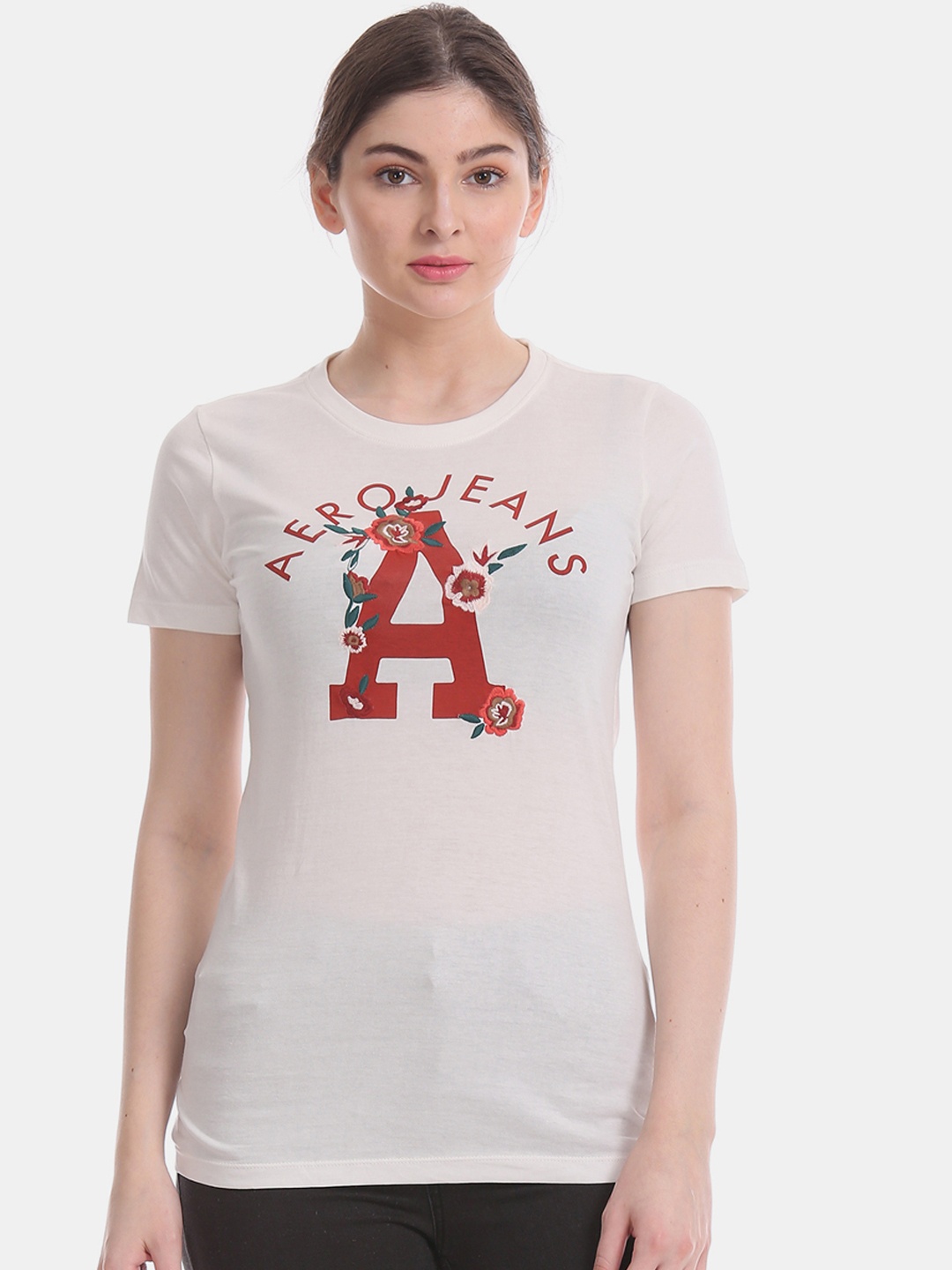 

Aeropostale Women White & Red Printed Round Neck T-shirt