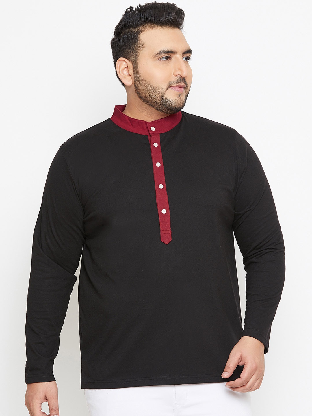 

bigbanana Plus Size Men Black Solid Mandarin Collar Pure Cotton T-shirt