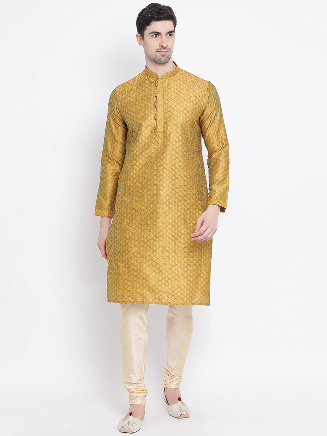 

Sanwara Men Gold-Toned & Gold-Toned Woven Design Straight Kurta, Beige