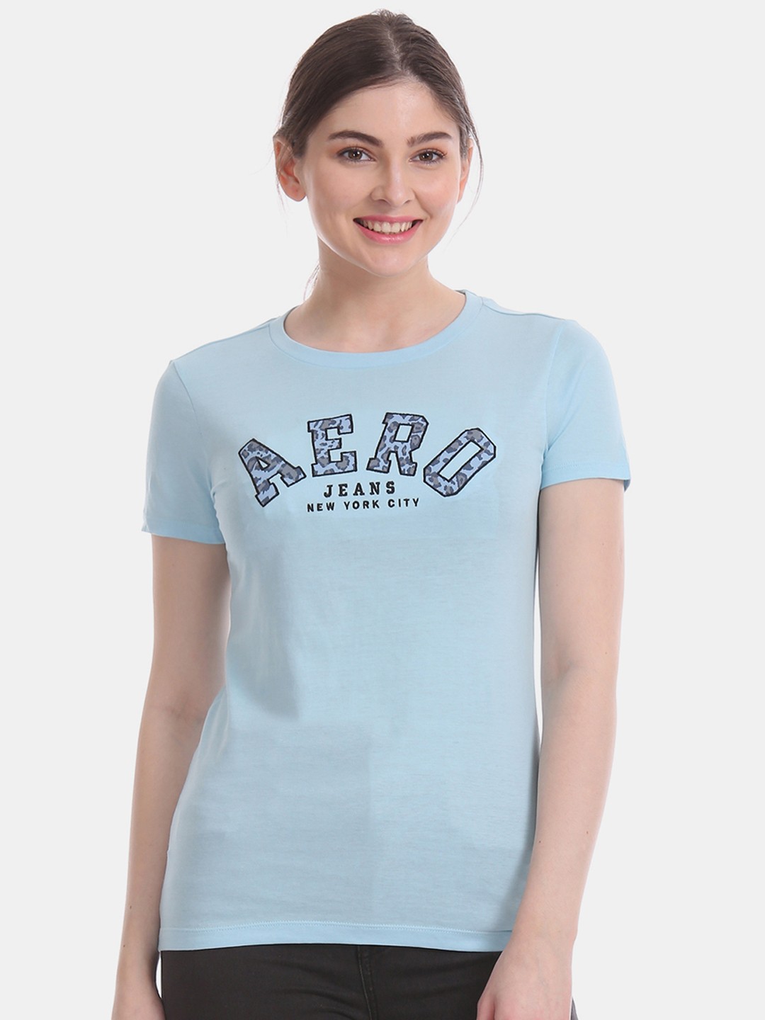 

Aeropostale Women Blue Printed Round Neck T-shirt