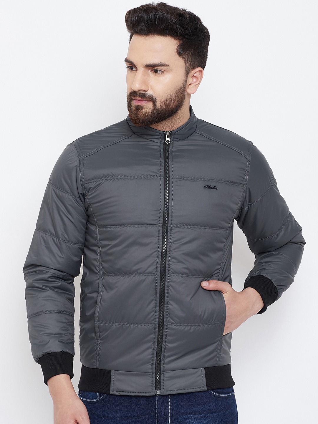 

Adobe Men Grey Solid Padded Jacket