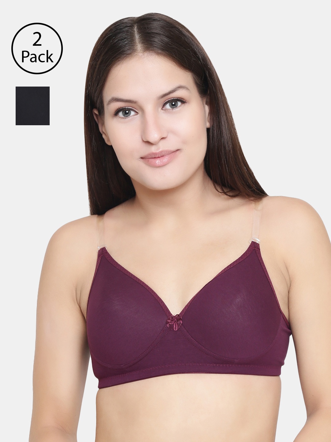 

Floret Set Of 2 Burgundy & Black Solid Non-Wired Lightly Padded T-shirt Bra