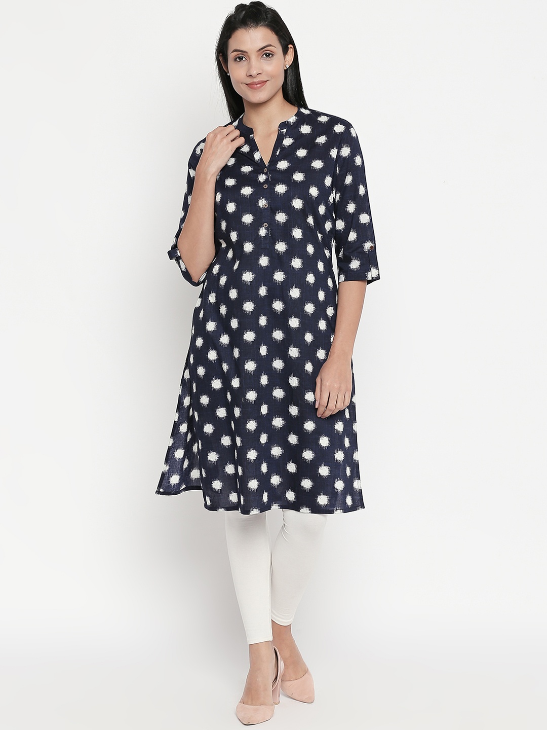 

RANGMANCH BY PANTALOONS Women Navy Blue & White Printed Straight Kurta