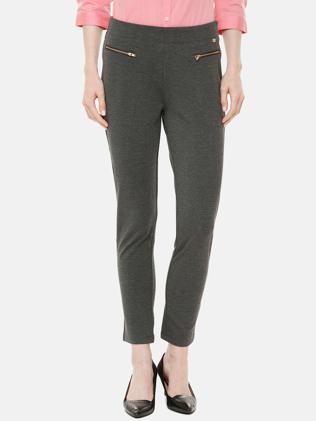 

Allen Solly Woman Grey Regular Fit Solid Crop Cigarette Trousers