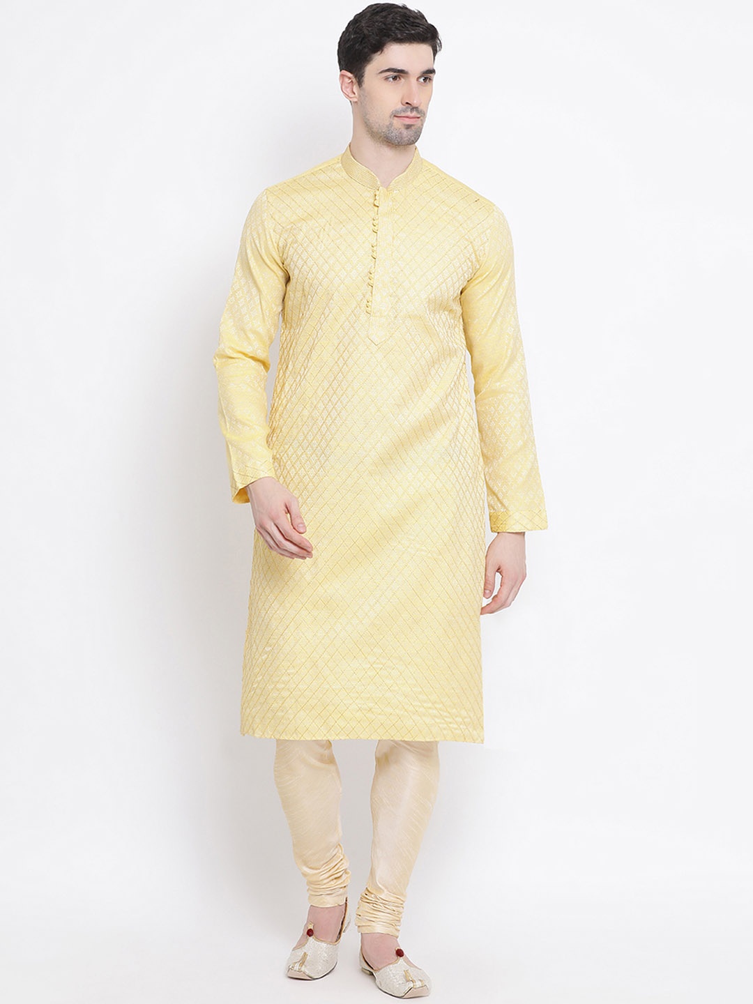 Sanwara Men Yellow Woven Design Straight Kurta