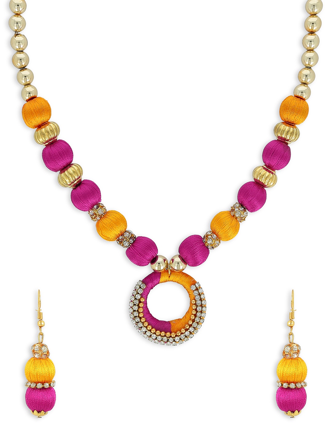 AKSHARA Girls Yellow & Gold-Toned Stone-Studded Handcrafted Beaded Jewellery Set, Magenta