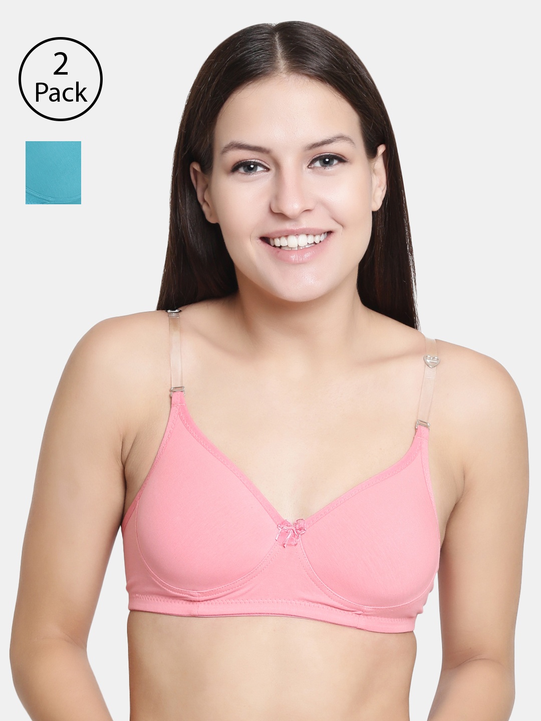 

Floret Set Of 2 Rose & Teal Blue Solid Non-Wired Lightly Padded T-shirt Bra F20560
