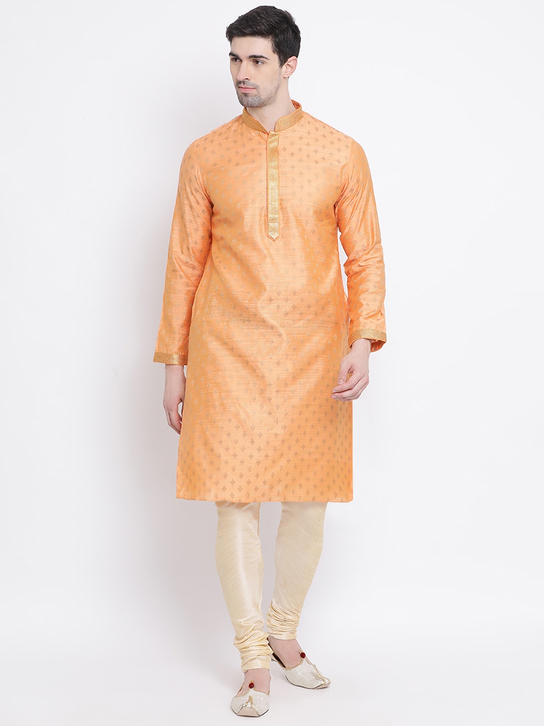 

Sanwara Men Orange & Gold-Toned Woven Design Straight Kurta