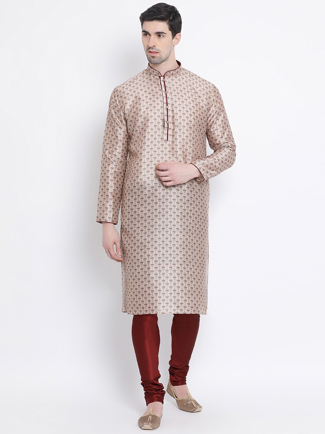 

Sanwara Men Peach-Coloured & Maroon Woven Design Straight Kurta