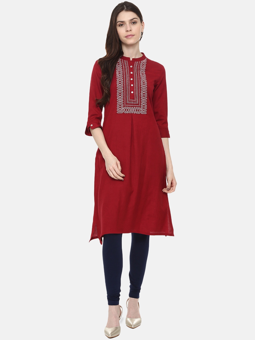 

People Women Maroon Embroidered Straight Kurta