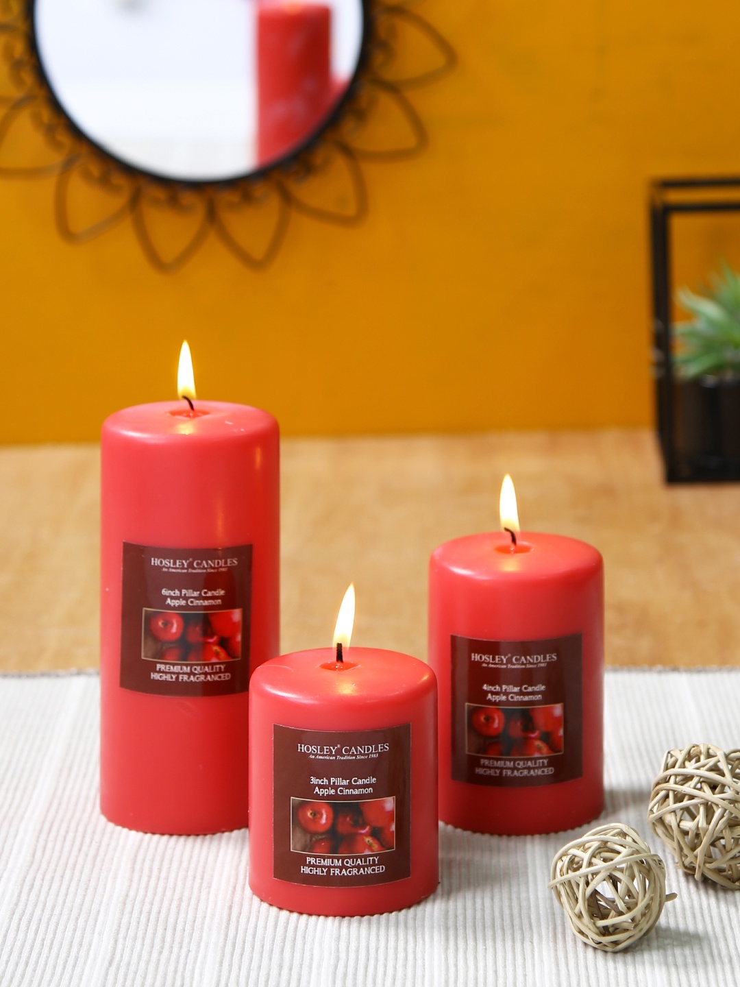 

HOSLEY Set of 3 Red Decorative Apple Cinnamon Highly Fragranced Pillar Candles