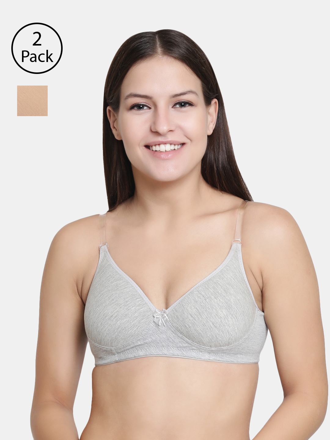 

Floret Pack Of 2 Solid Non-Wired Lightly Padded T-shirt Bra F20560, Grey melange