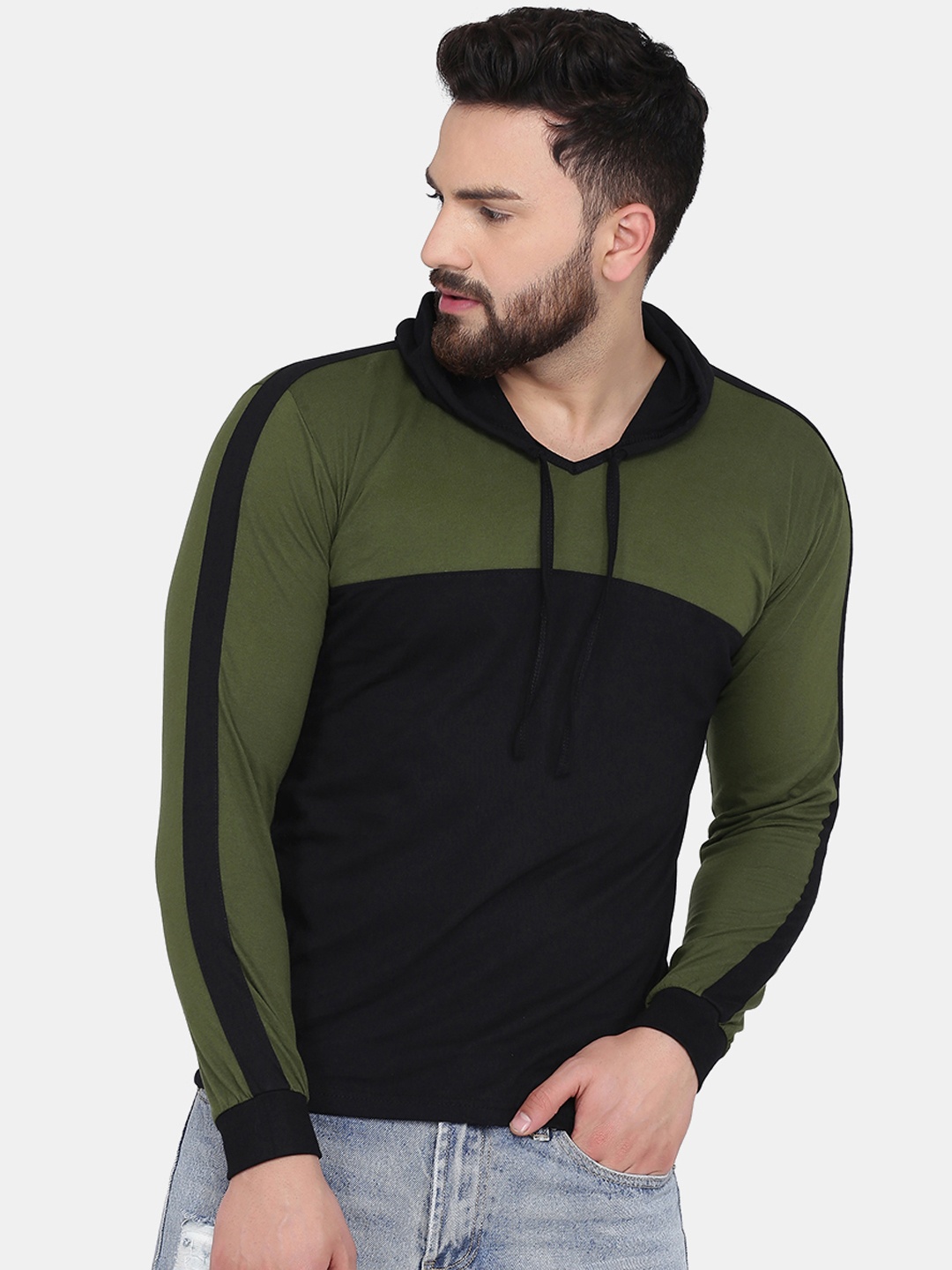 

KATSO Men Olive Green Colourblocked Hood T-shirt