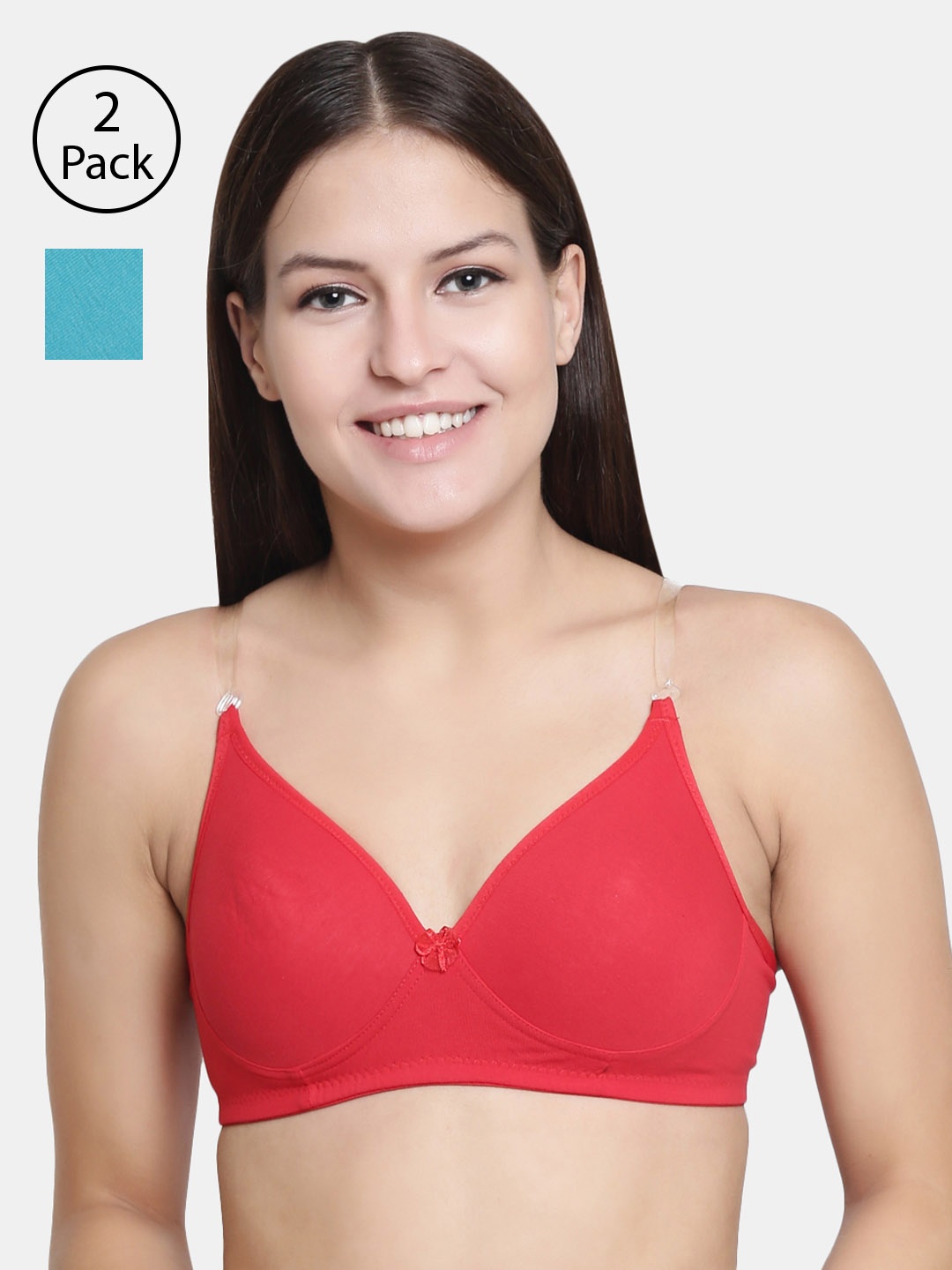 

Floret Pack of 2 Red & Turquoise Blue Solid Non-Wired Lightly Padded T-shirt Bra F20560