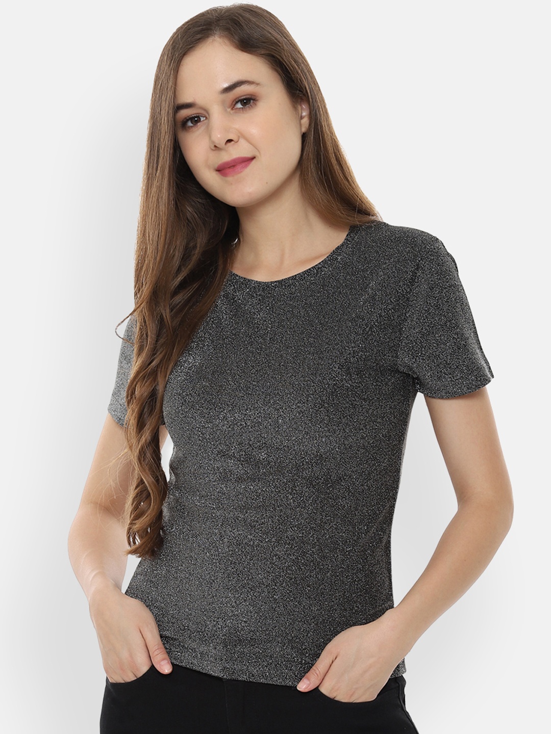 

People Women Charcoal Grey Solid Round Neck T-shirt