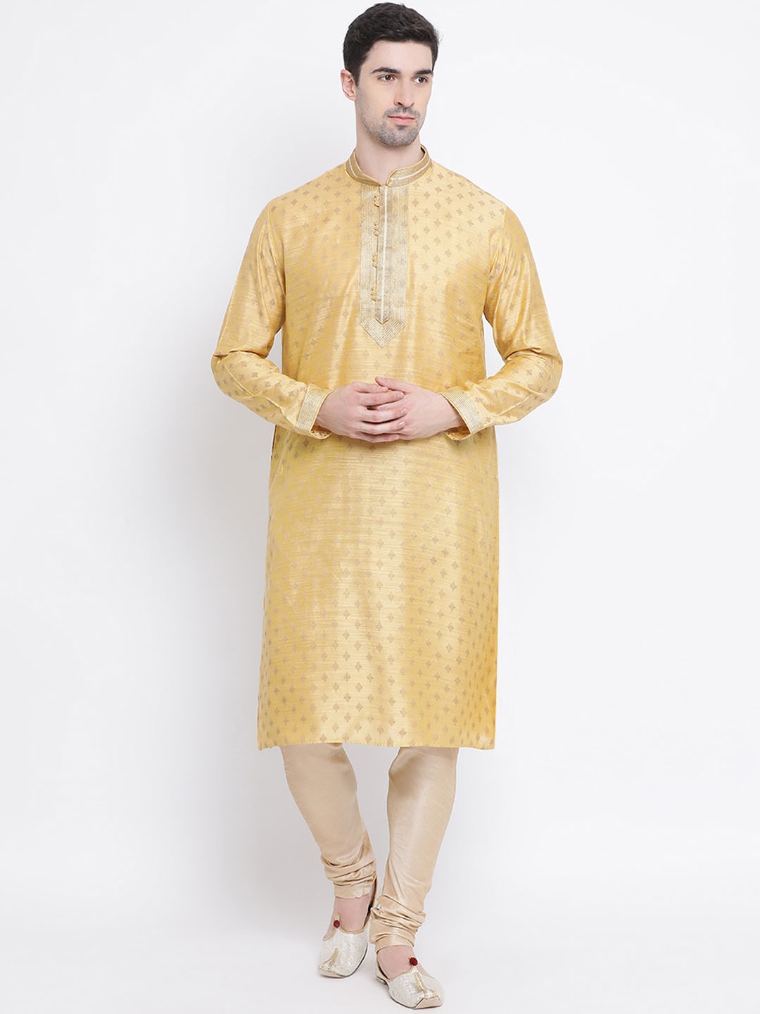 

Sanwara Men Yellow Silk Woven Design Straight Kurta