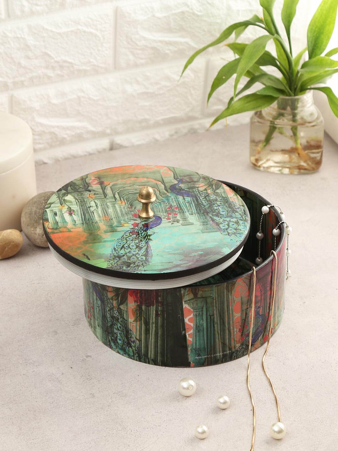 

India Circus by Krsnaa Mehta Green & Pink Peacock Dwar Round Storage Box