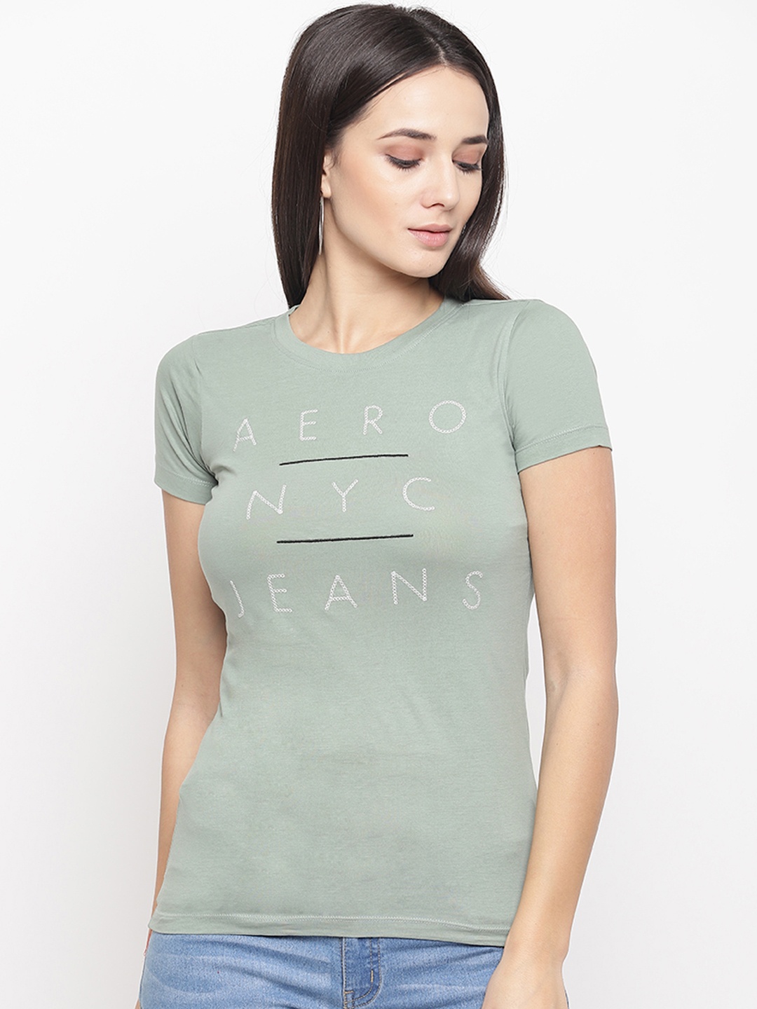 

Aeropostale Women Green Printed Round Neck T-shirt