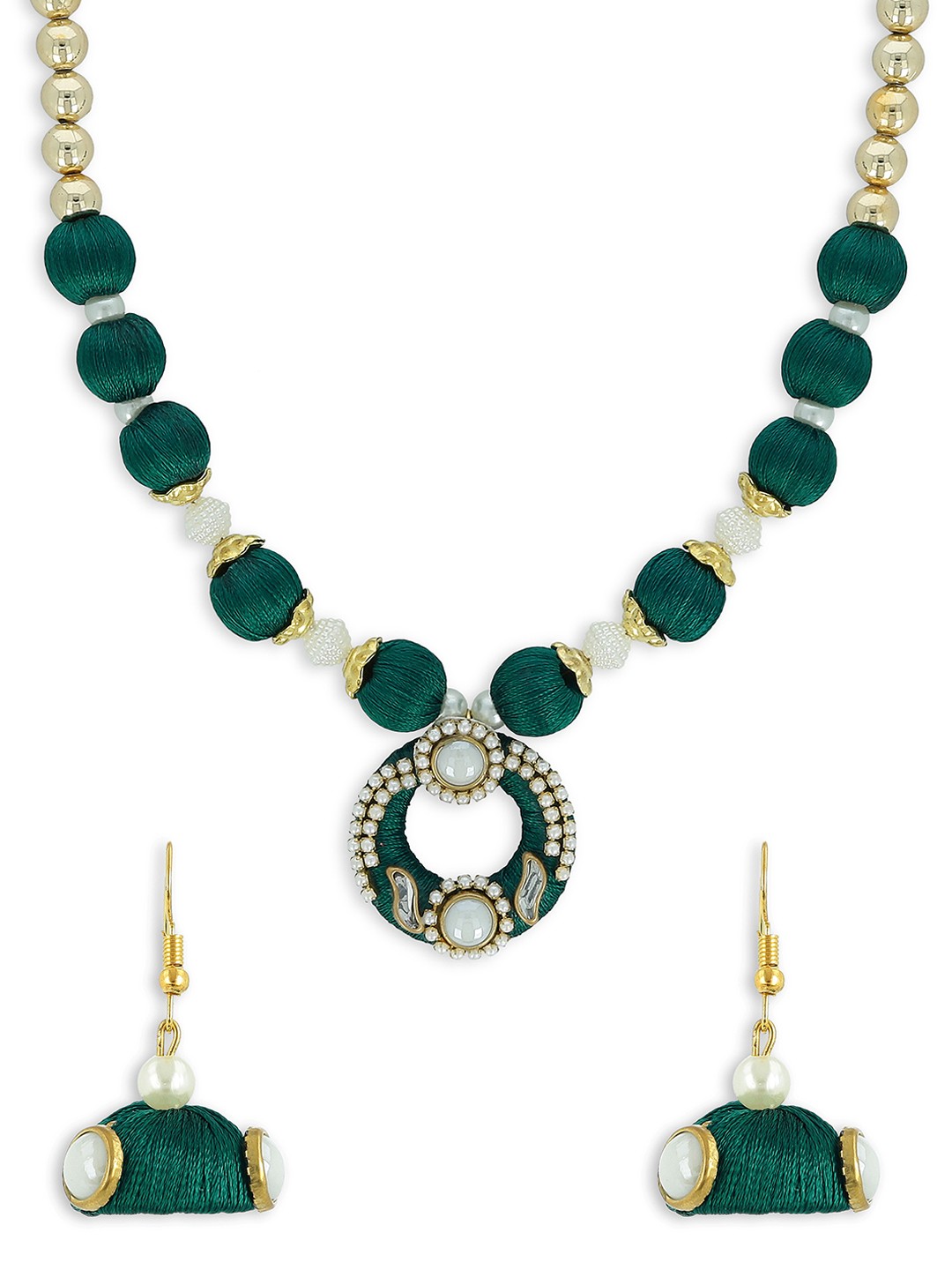 

AKSHARA Girls Green & Gold-Toned Kundan Studded Handcrafted Beaded Jewellery Set