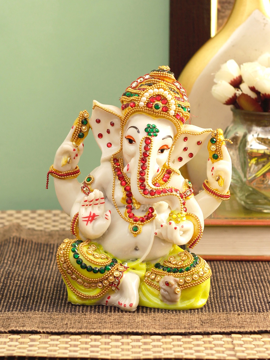 

TIED RIBBONS Cream-Coloured & Green Ganesha Idol Sculpture Statue Figurine