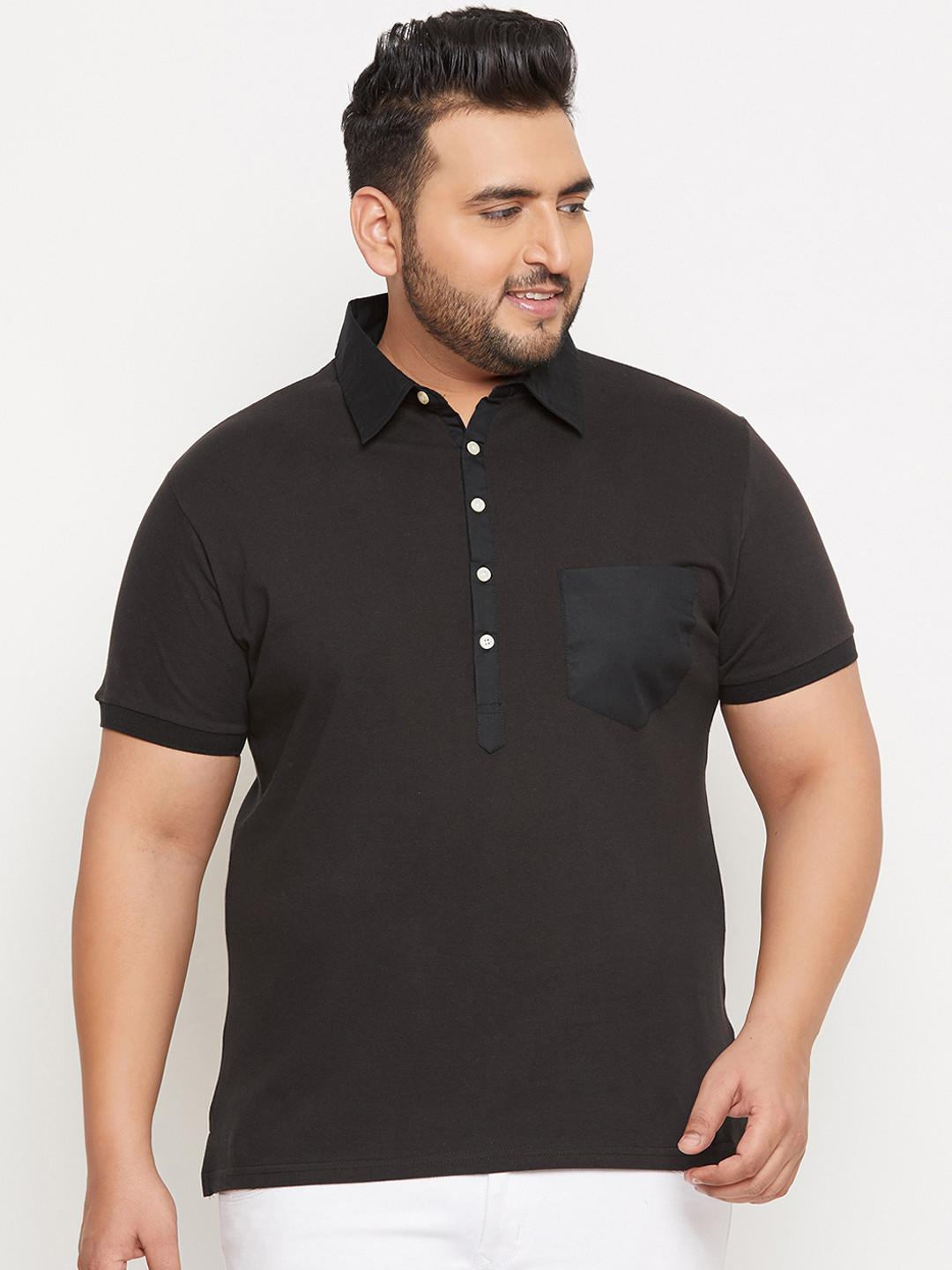 

bigbanana Plus Size Men Black Solid Polo Collar Pure Cotton T-shirt