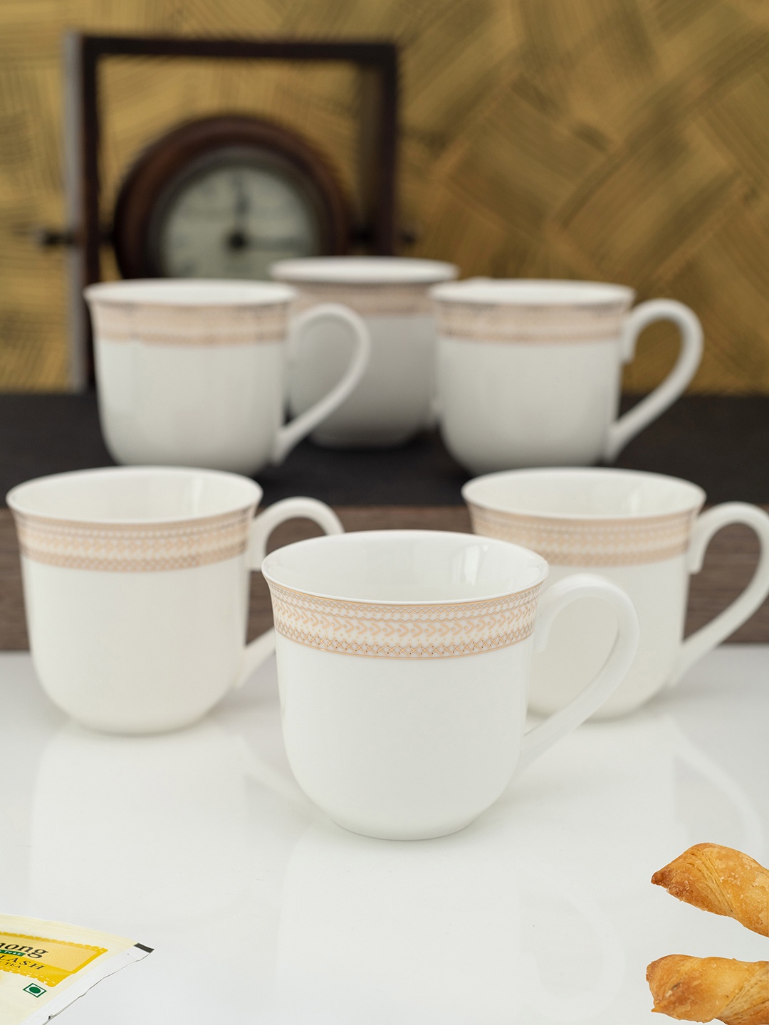 

White Gold Set of 6 White & Gold-Toned Printed Porcelain Cups Set