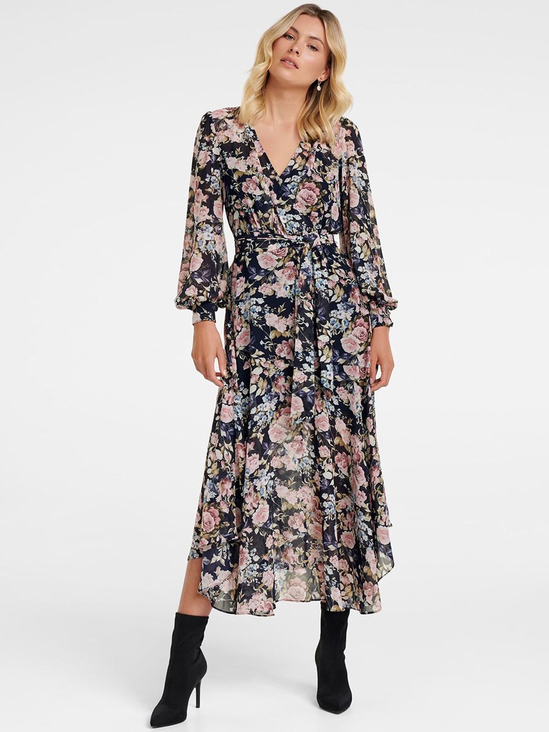 

Forever New Women Navy Blue Printed Wrap Dress