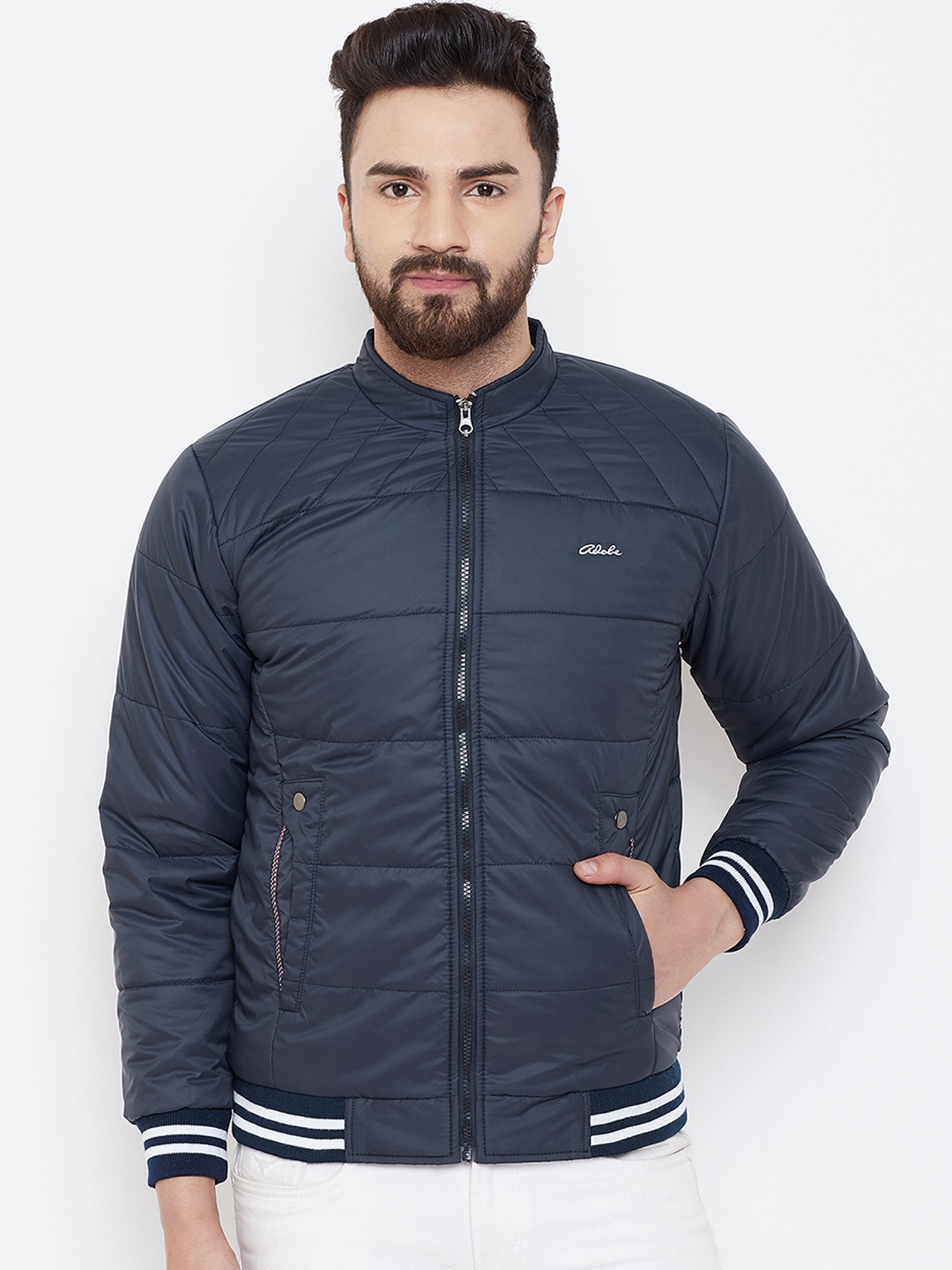 

Adobe Men Navy Blue Solid Padded Jacket