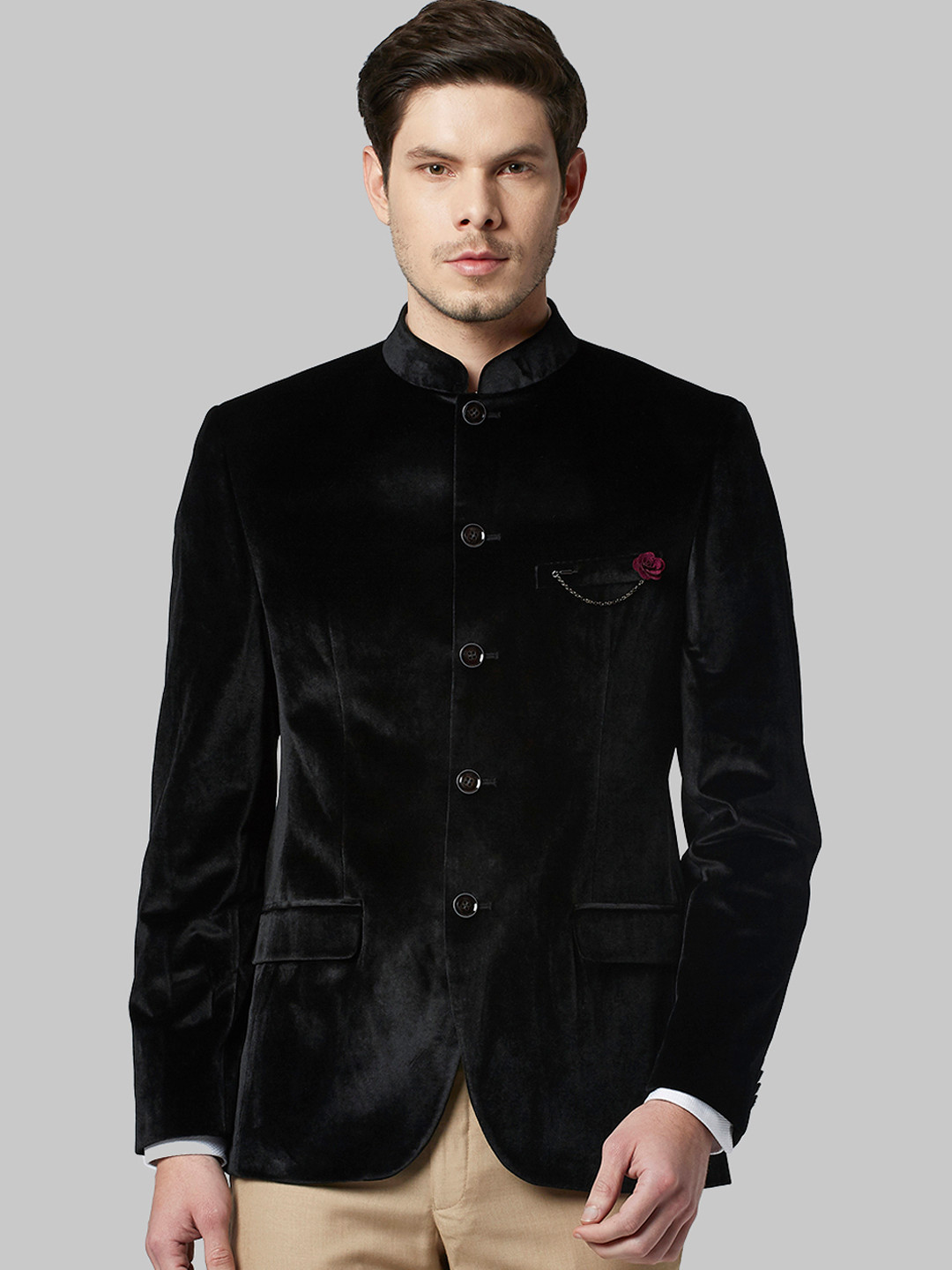 

Park Avenue Men Black Solid Single Breasted Bandhgala Blazer