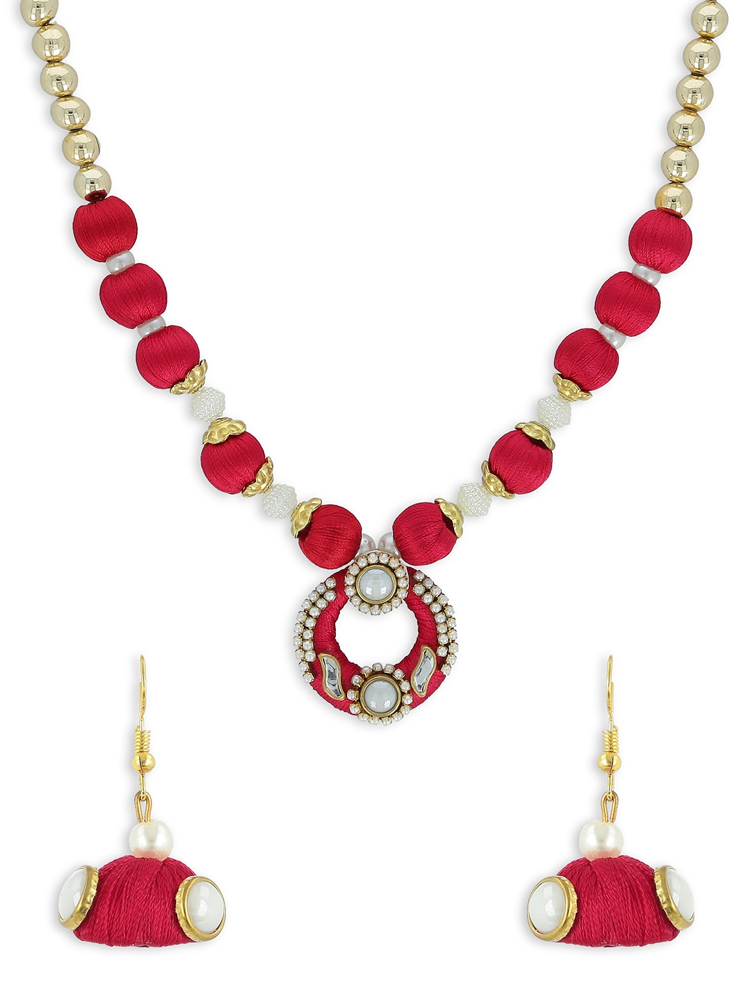 

AKSHARA Girls Red & Gold-Toned Kundan Studded Handcrafted Beaded Jewellery Set