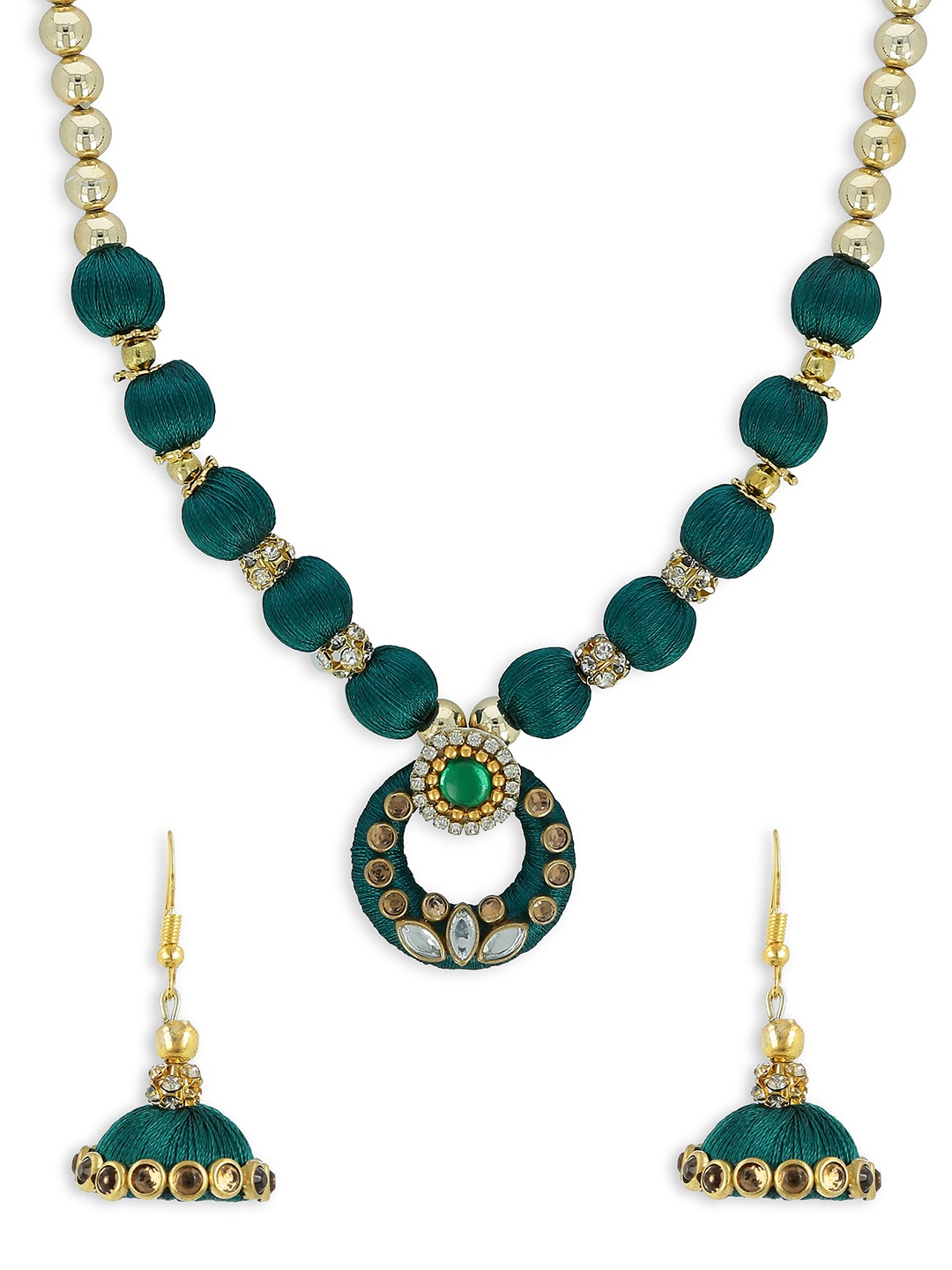

AKSHARA Girls Green & Gold-Toned Kundan Studded Handcrafted Beaded Jewellery Set