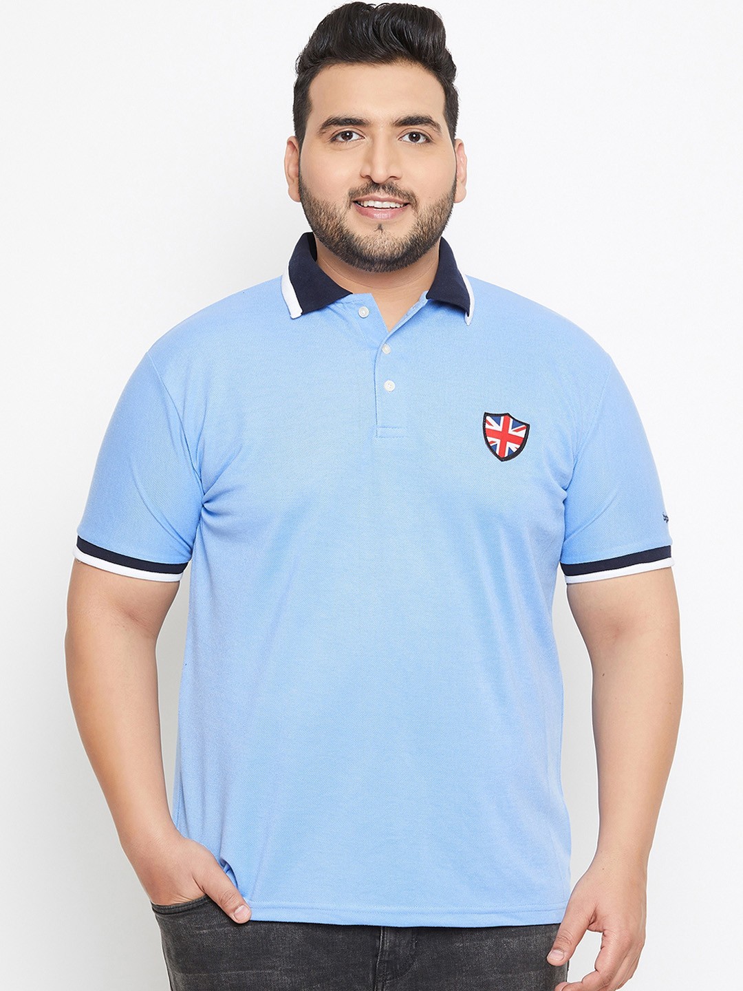 

bigbanana Plus Size Men Blue Solid Polo Collar Pure Cotton T-shirt