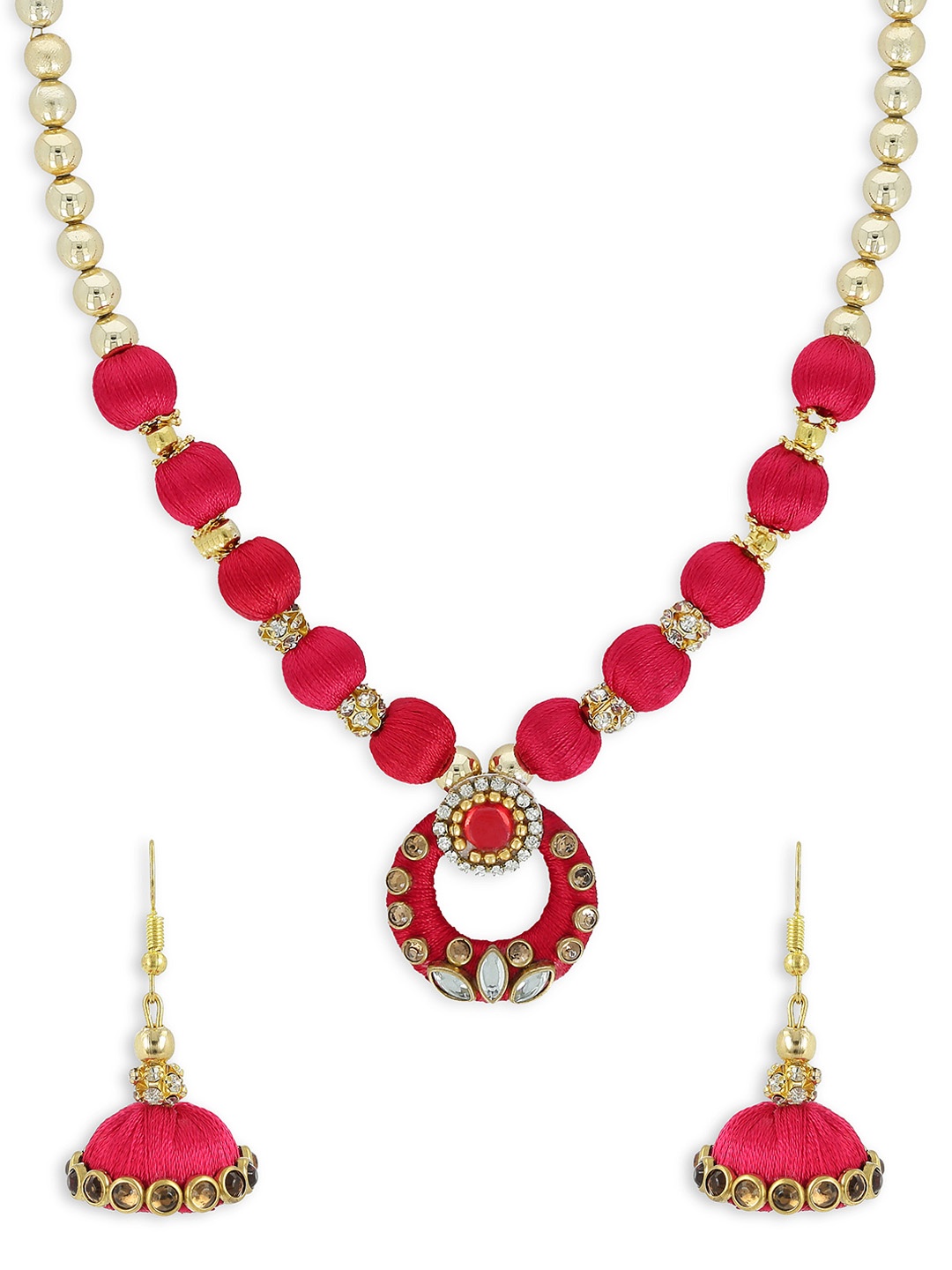 

AKSHARA Girls Red & Gold-Toned Kundan Studded Handcrafted Beaded Jewellery Set