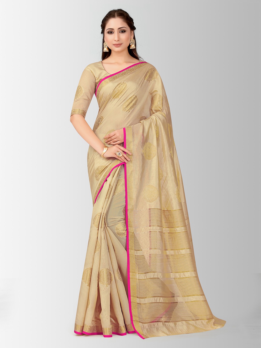 

MIMOSA Beige Art Silk Embellished Kanjeevaram Saree