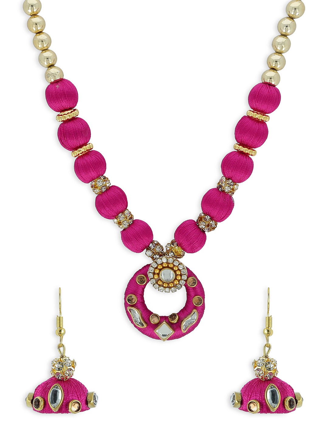

AKSHARA Girls Magenta & Gold-Toned Kundan Studded Handcrafted Beaded Jewellery Set