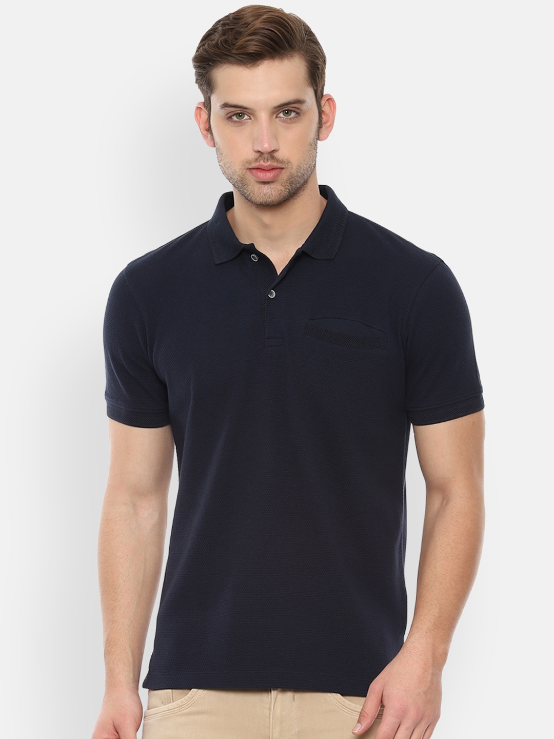 

Van Heusen Men Navy Blue Solid Polo Collar Pure Cotton T-shirt
