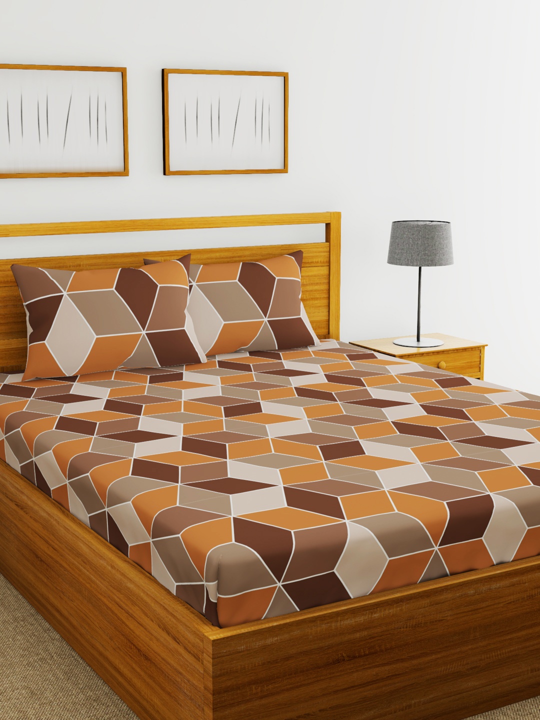 

BIANCA Brown & Beige Abstract 210 TC Polyester 1 Queen Bedsheet with 2 Pillow Covers
