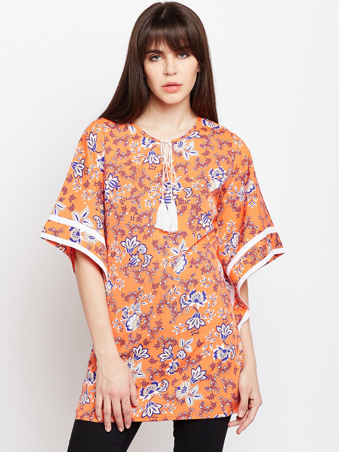

Ruhaan's Womens Orange Tunic with tie-ups neck in Crepe
