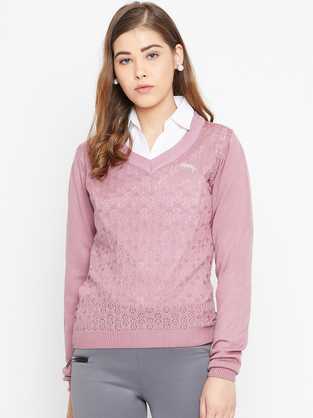 

JUMP USA Women Pink Self Design Pullover Sweater