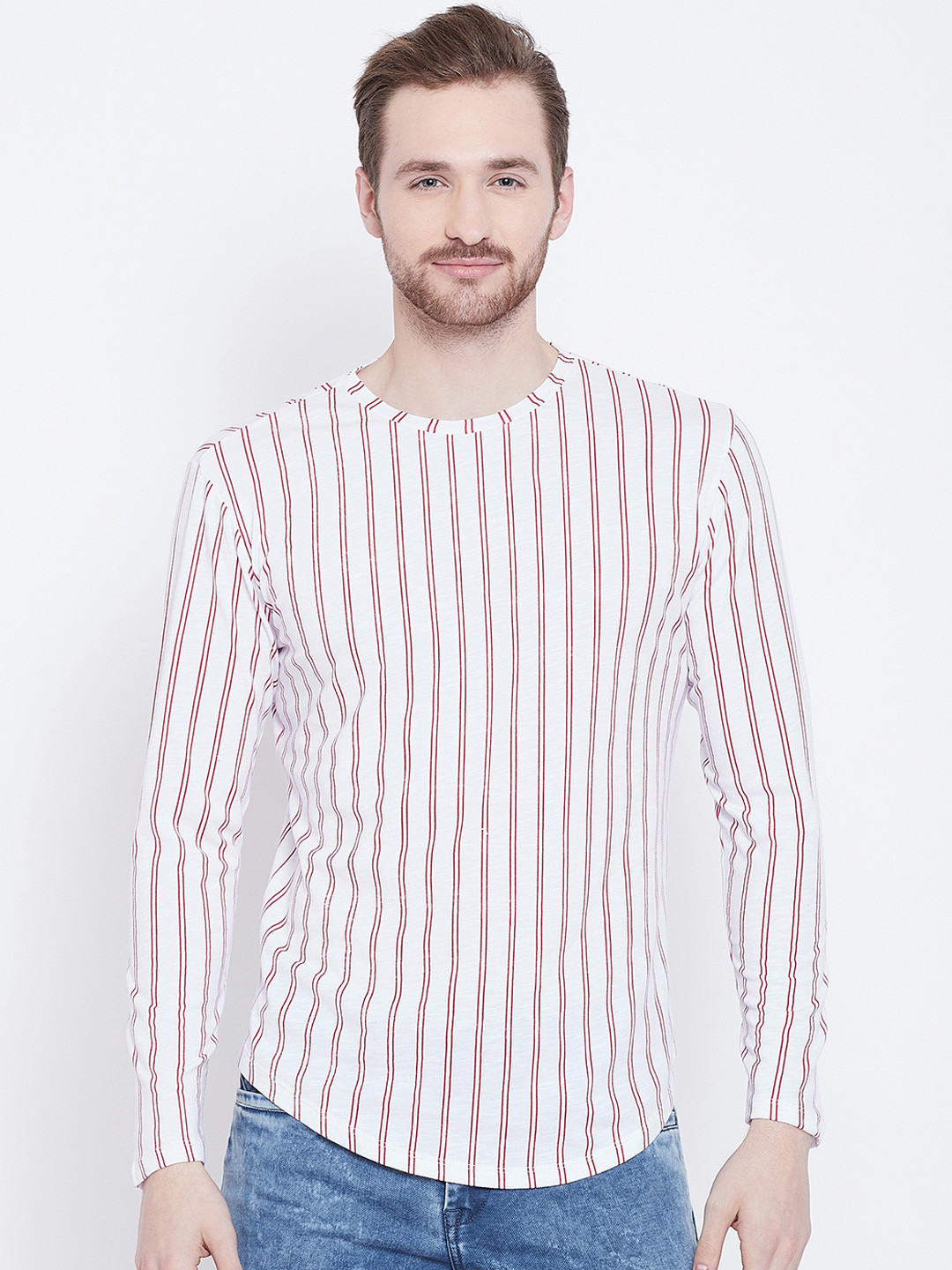 

LE BOURGEOIS Men Maroon Striped Round Neck Pure Cotton T-shirt