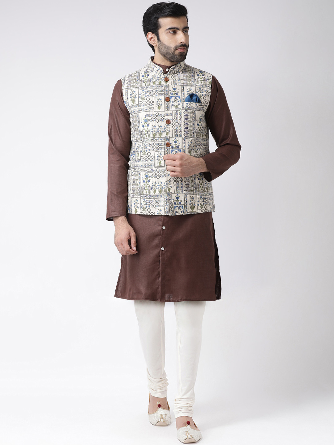 

KISAH Men Brown & White Printed Kurta with Churidar