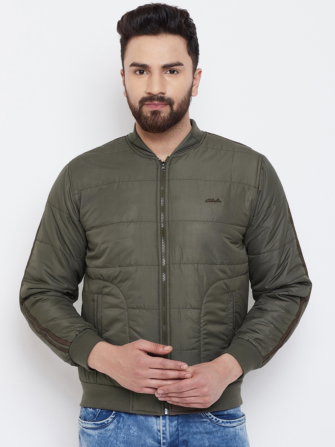 

Adobe Men Olive Green Solid Padded Jacket