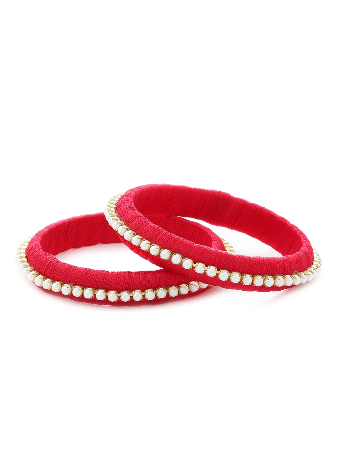

AKSHARA Girls Set of 2 Red & Gold-Toned Pearl Beaded Handcrafted Bangles