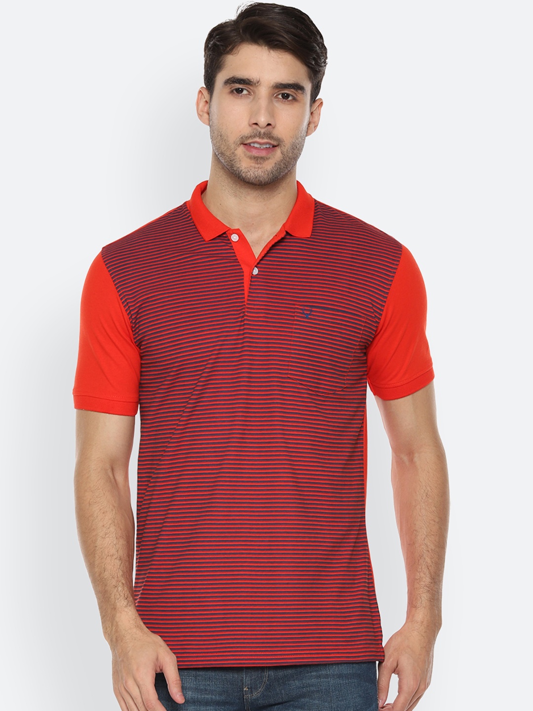 

Allen Solly Men Red Striped Polo Collar Pure Cotton T-shirt