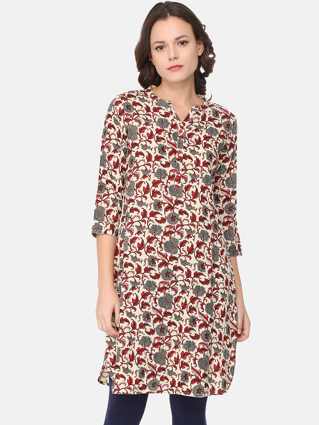 

People Women Beige Printed Straight Kurta