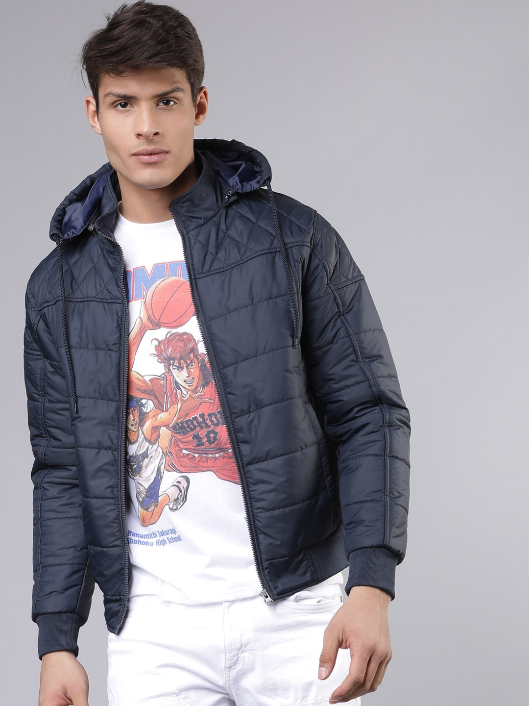 LOCOMOTIVE Men Navy Blue Solid Puffer Jacket - buy at the price of $12. ...