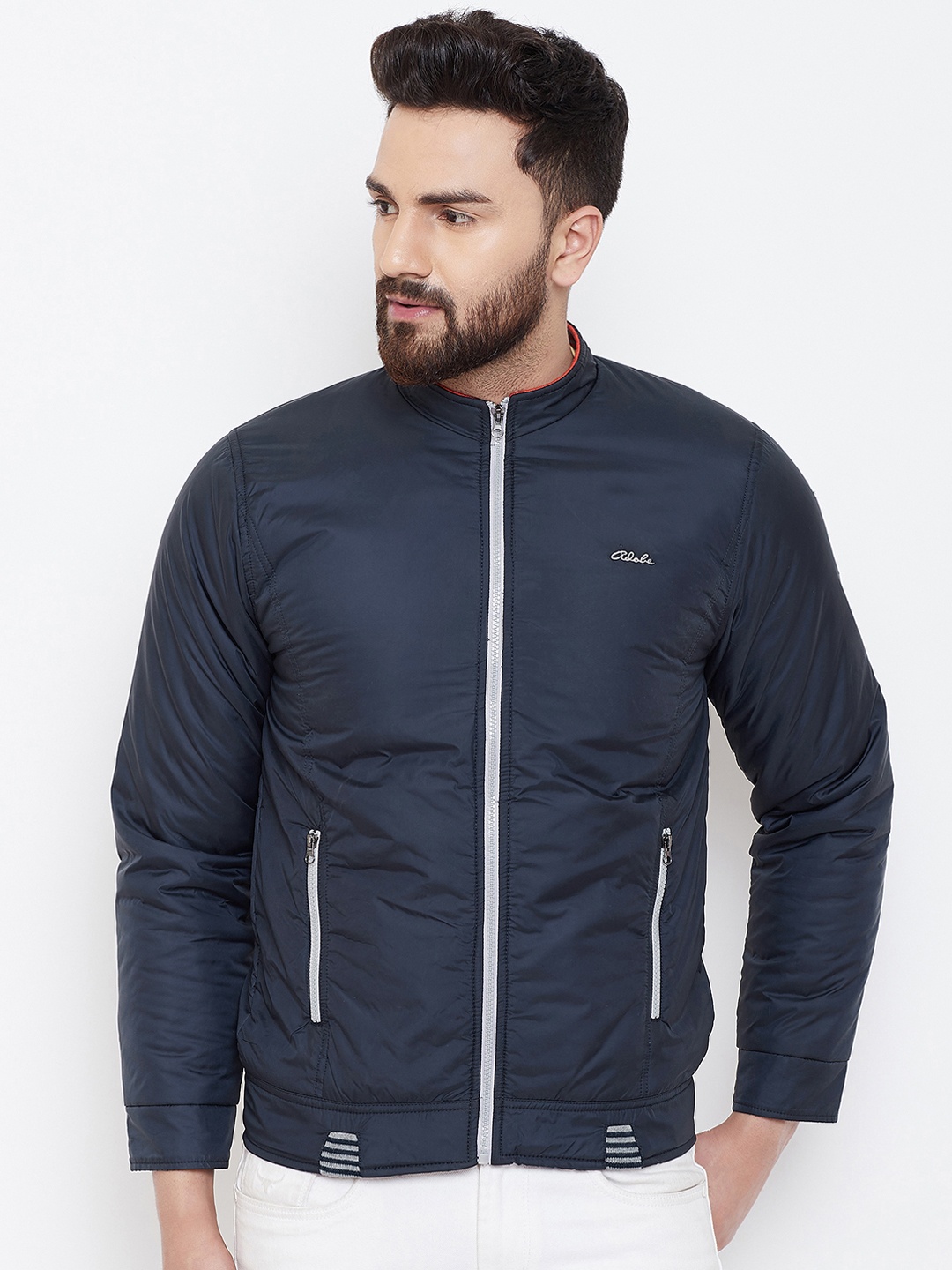 

Adobe Men Navy Blue Solid Padded Jacket