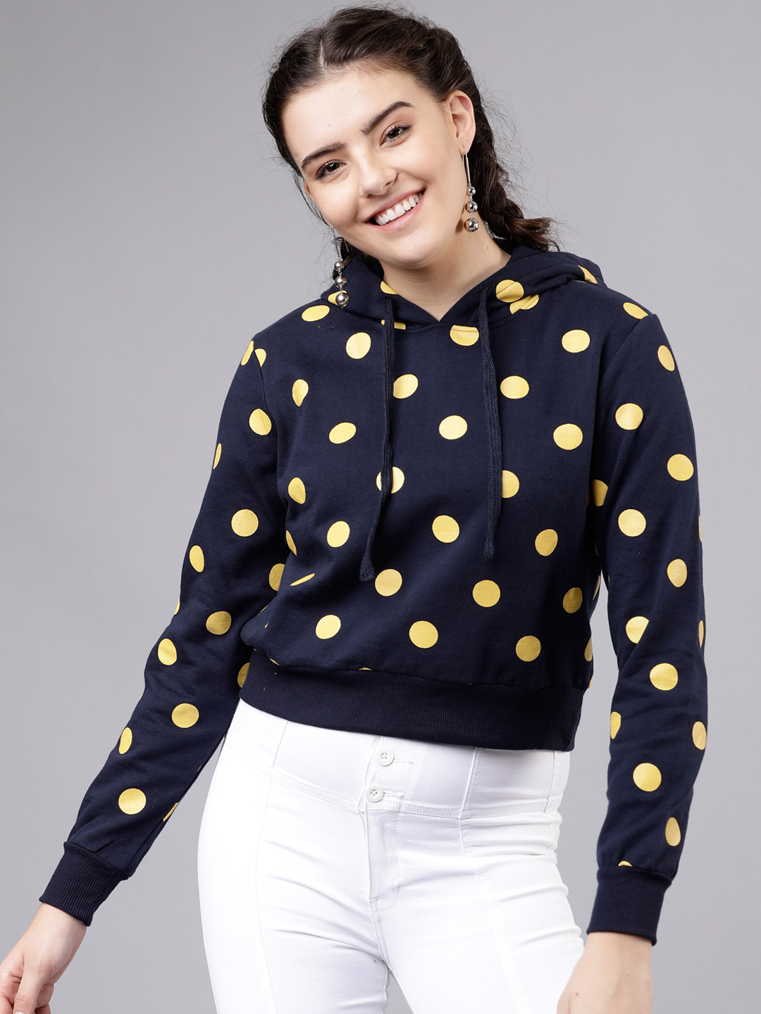 

Tokyo Talkies Women Navy Blue & Yellow Printed Hooded Sweatshirt