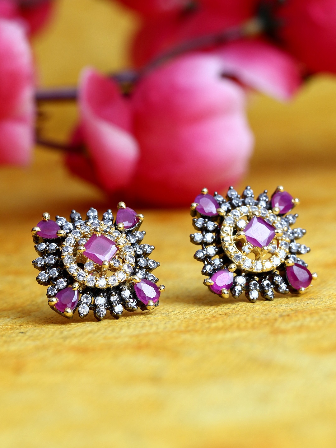 

Bhana Fashion Magenta & White American Diamond Rhodium-Plated Diamond Shaped Studs